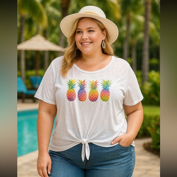 Cato Women’s 22/24W Pineapple Graphic Tie Front T Shirt Summer Casual Plus Top - Picture 1 of 11